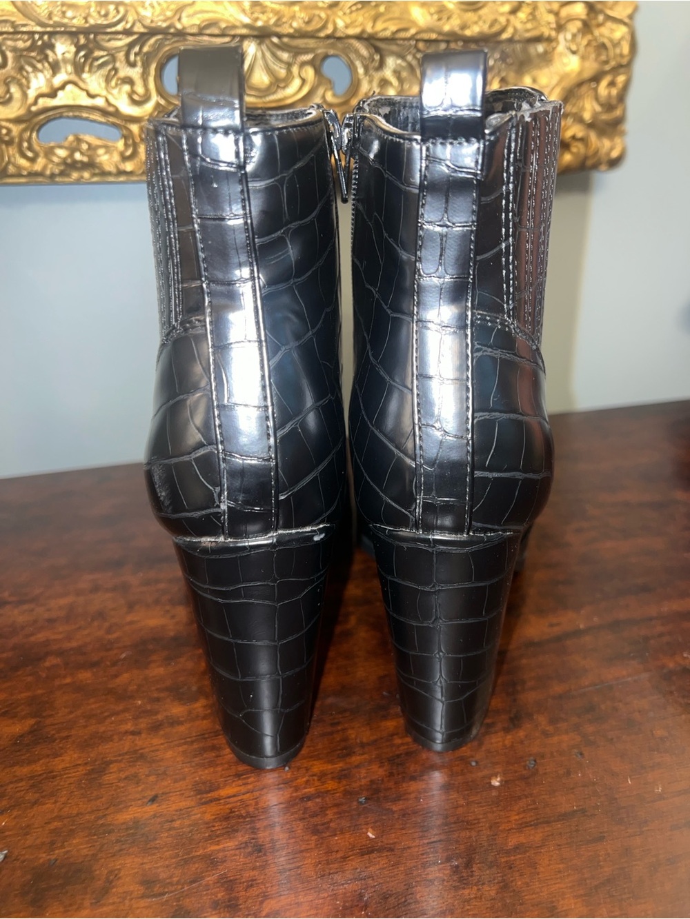 Black Croc-Embossed Pointed Toe Ankle Boots - Women - Picture 2 of 5